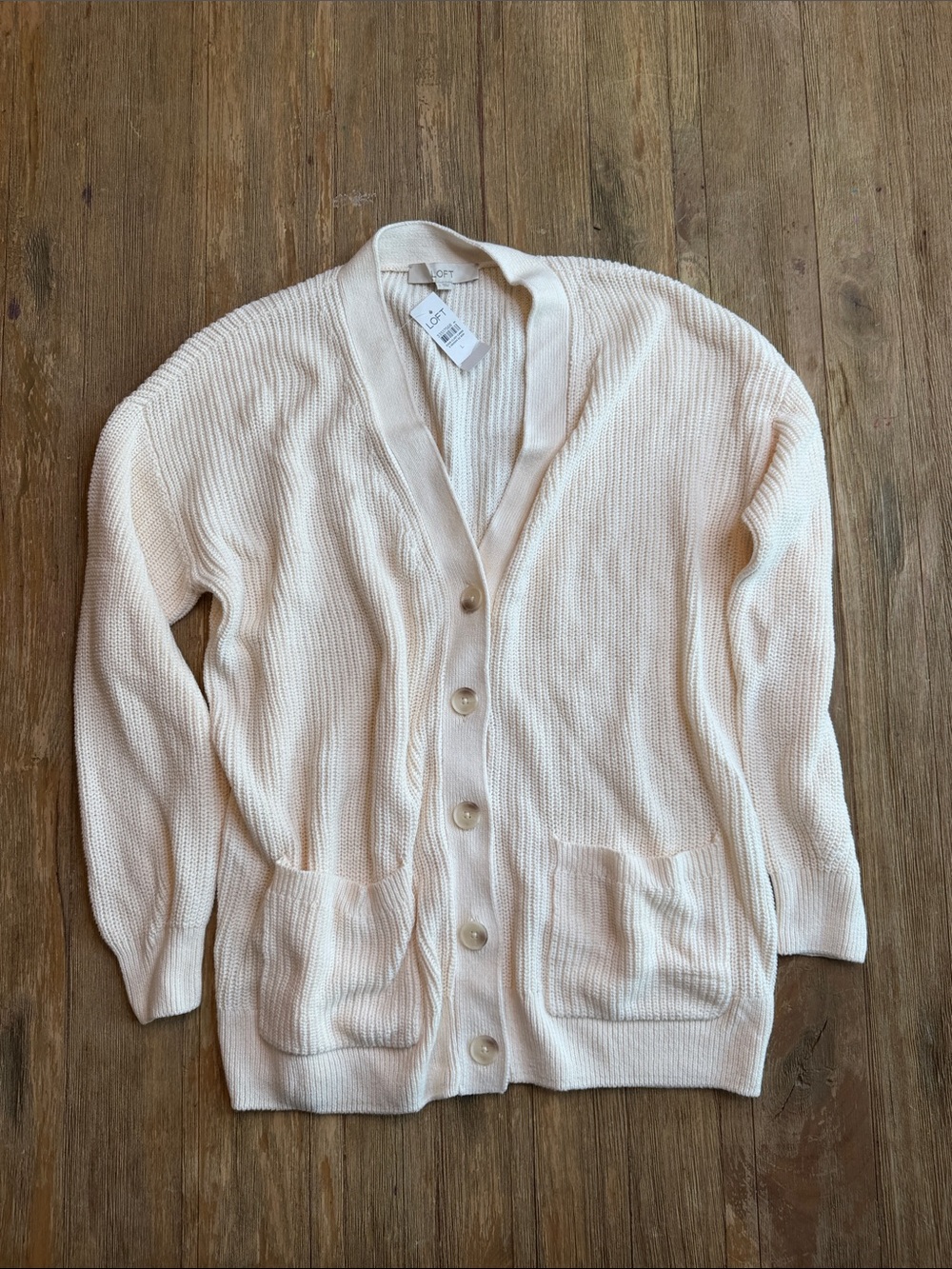 LOFT NWT Women's Cream Waffle-Knit Button Cardigan Size L